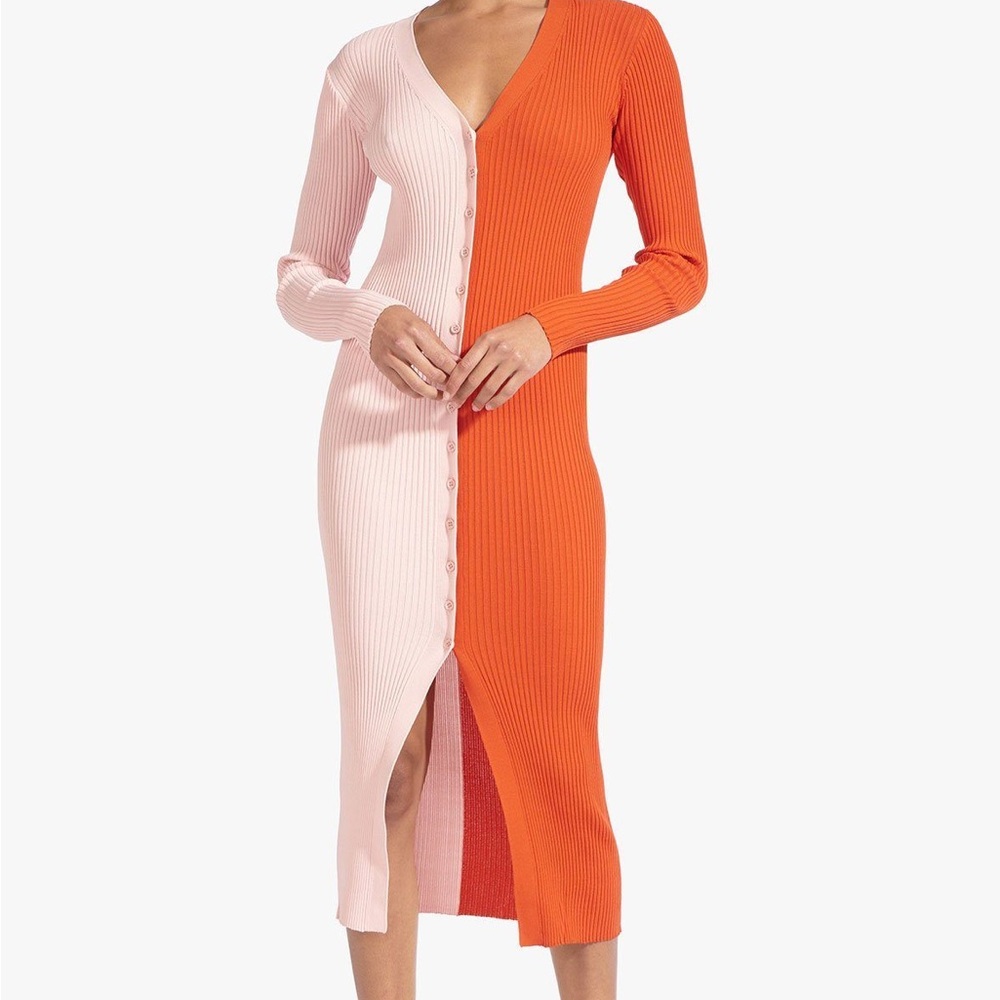 STAUD Two-Tone Pink and Orange Midi Dress